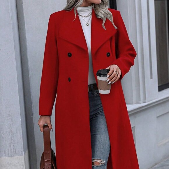 Red Casual Women's Woolen Coat With Button Fastening - Picture 2 of 6